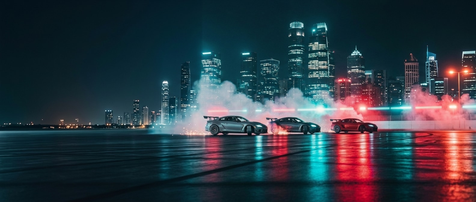 Three performance cars drifting through smoke in front of an illuminated city skyline at night